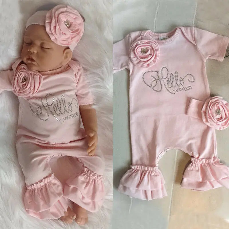 New Newborn Baby Flower Romper Girl Jumpsuit Headband Outfits Girls Clothes Set