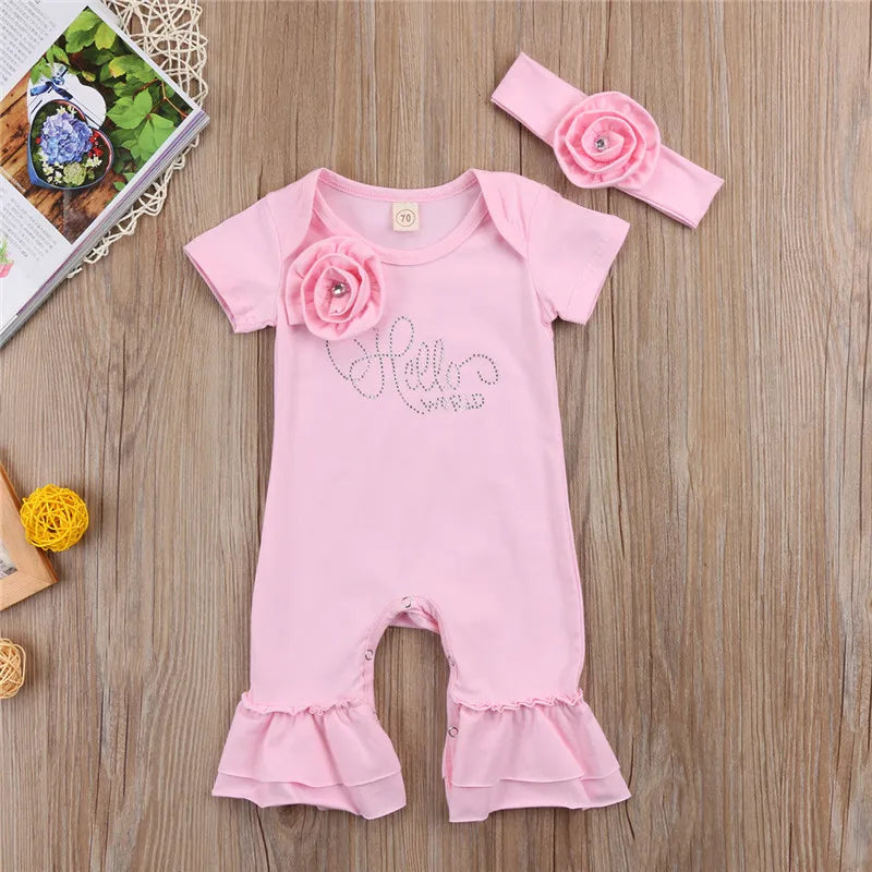 New Newborn Baby Flower Romper Girl Jumpsuit Headband Outfits Girls Clothes Set