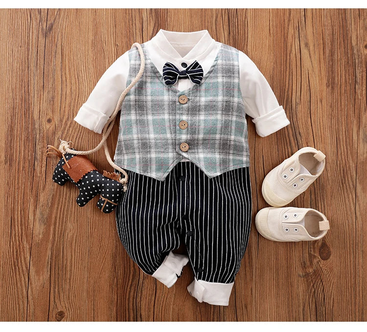 Newborn Clothes Handsome Gentleman Plaid Vest Formal Wear Comfortable And Soft Spring And Autumn Long Sleeved 0-18 Baby Jumpsuit