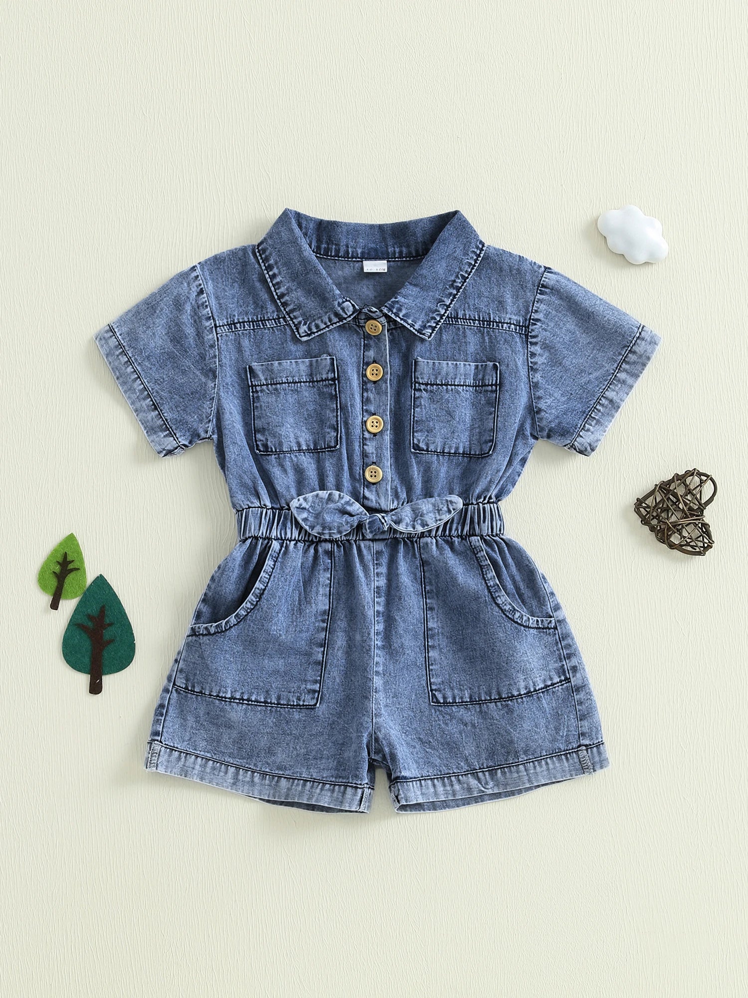 Girls Denim Overall Dress with Ruffle Sleeves and Adjustable Straps A-Line Skirt Button Front Closure Elastic Waistband