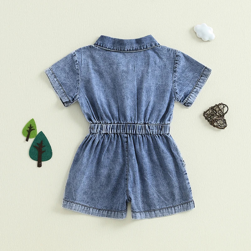 Girls Denim Overall Dress with Ruffle Sleeves and Adjustable Straps A-Line Skirt Button Front Closure Elastic Waistband
