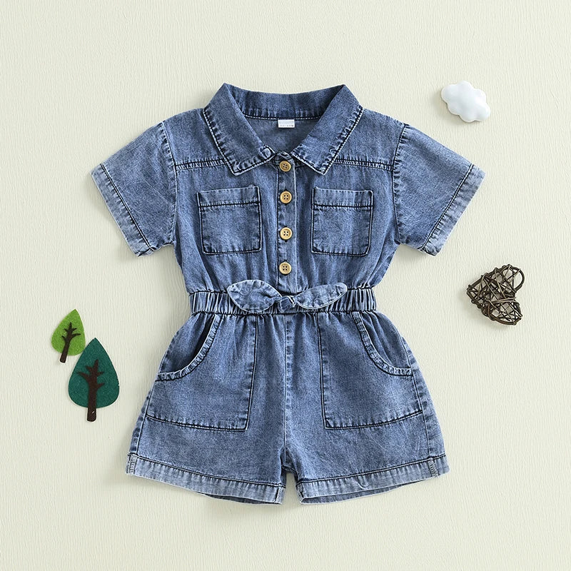 Girls Denim Overall Dress with Ruffle Sleeves and Adjustable Straps A-Line Skirt Button Front Closure Elastic Waistband
