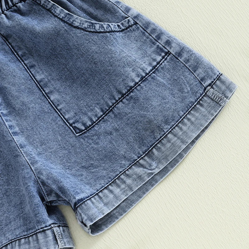 Girls Denim Overall Dress with Ruffle Sleeves and Adjustable Straps A-Line Skirt Button Front Closure Elastic Waistband