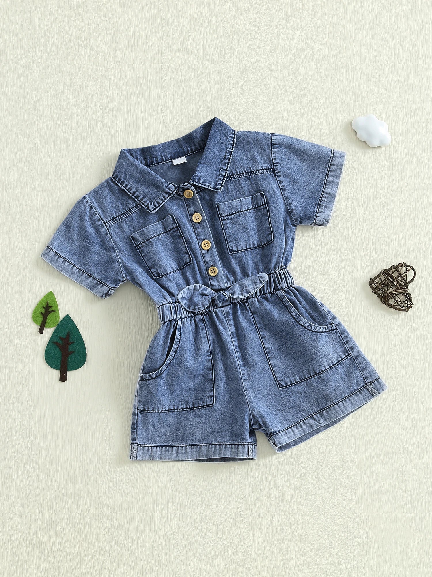 Girls Denim Overall Dress with Ruffle Sleeves and Adjustable Straps A-Line Skirt Button Front Closure Elastic Waistband