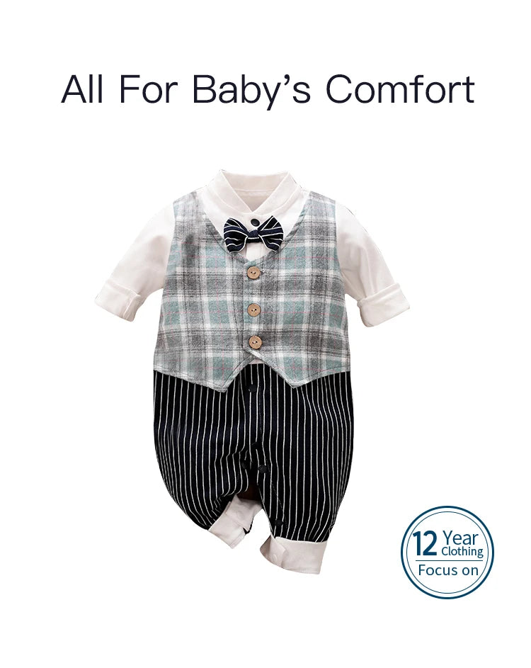 Newborn Clothes Handsome Gentleman Plaid Vest Formal Wear Comfortable And Soft Spring And Autumn Long Sleeved 0-18 Baby Jumpsuit