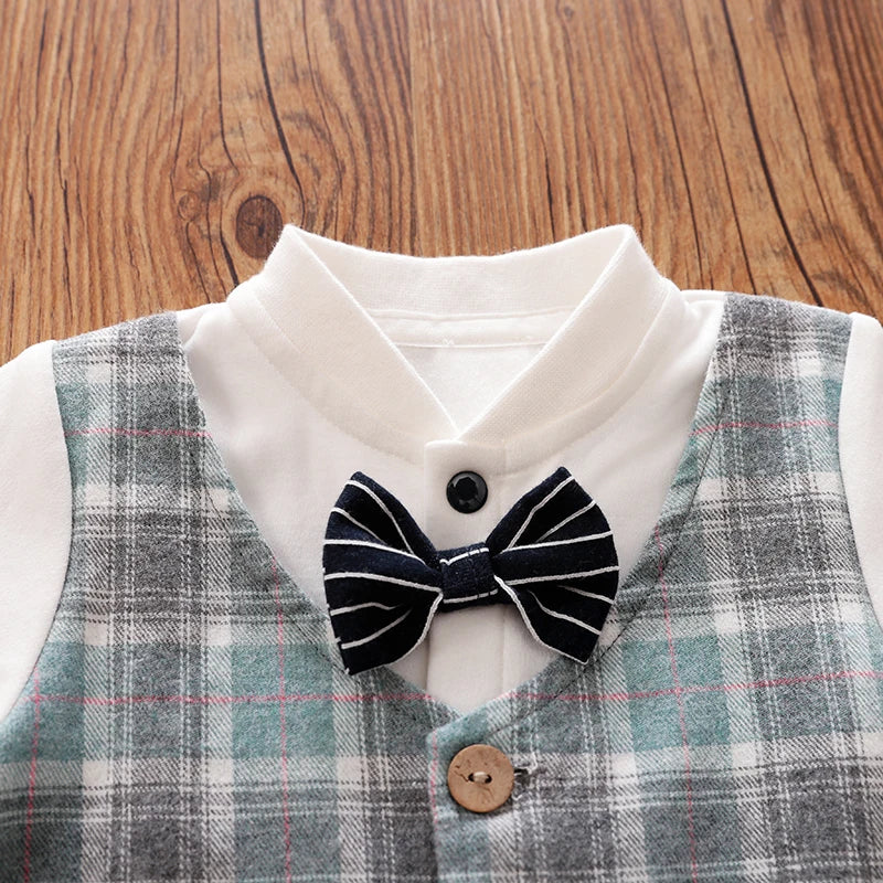 Newborn Clothes Handsome Gentleman Plaid Vest Formal Wear Comfortable And Soft Spring And Autumn Long Sleeved 0-18 Baby Jumpsuit