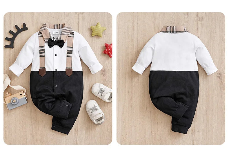 Newborn Spring and Autumn Long sleeved Gentleman BowStrap Pants jumpsuit Party Role Playing Baby Boys Bow Birthday Suit 0-18M