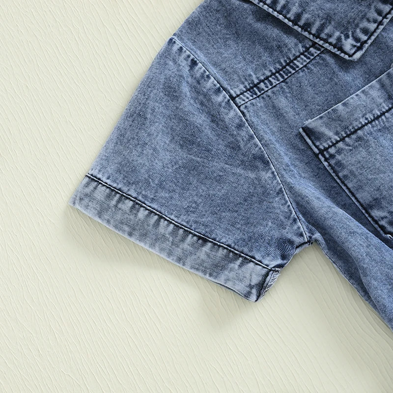 Girls Denim Overall Dress with Ruffle Sleeves and Adjustable Straps A-Line Skirt Button Front Closure Elastic Waistband