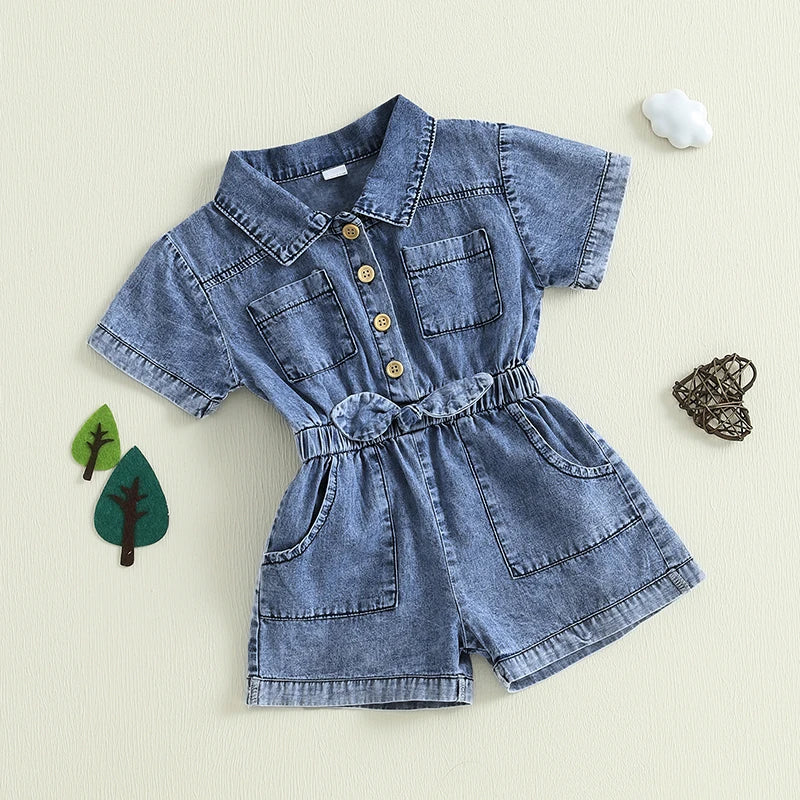 Girls Denim Overall Dress with Ruffle Sleeves and Adjustable Straps A-Line Skirt Button Front Closure Elastic Waistband