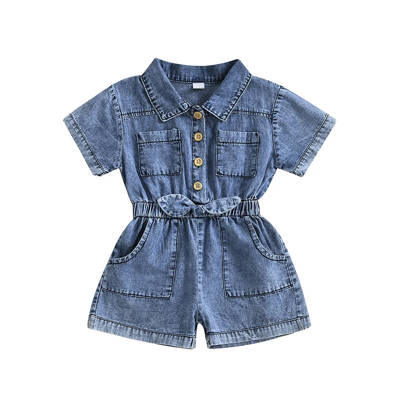 Girls Denim Overall Dress with Ruffle Sleeves and Adjustable Straps A-Line Skirt Button Front Closure Elastic Waistband