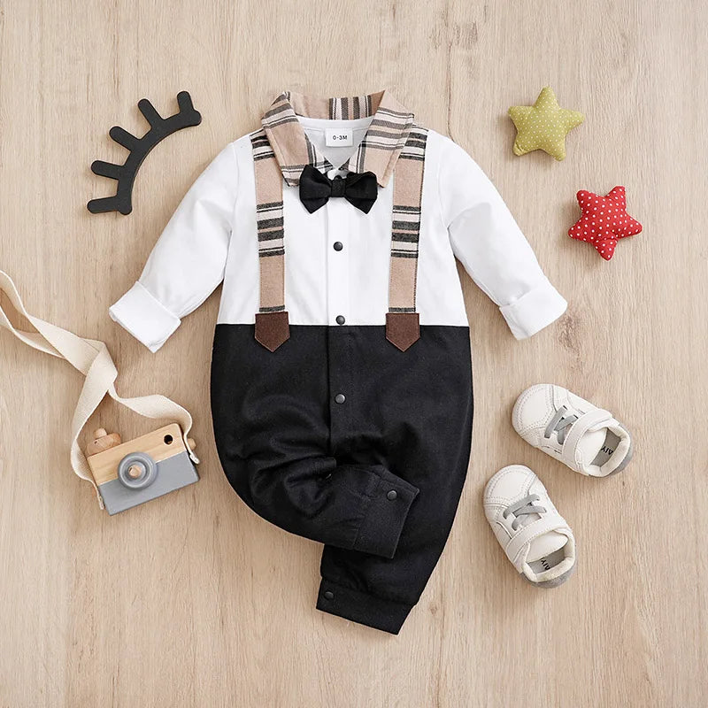 Newborn Spring and Autumn Long sleeved Gentleman BowStrap Pants jumpsuit Party Role Playing Baby Boys Bow Birthday Suit 0-18M