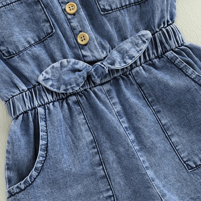 Girls Denim Overall Dress with Ruffle Sleeves and Adjustable Straps A-Line Skirt Button Front Closure Elastic Waistband
