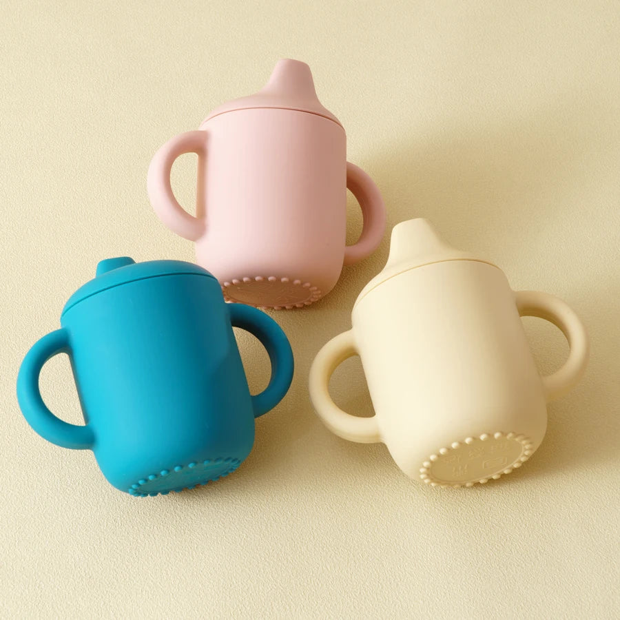 1PC Baby Silicone Cup With Double Handle Portable Water Bottle For Kids Feeding Learning Baby Items Leakproof Baby Cups