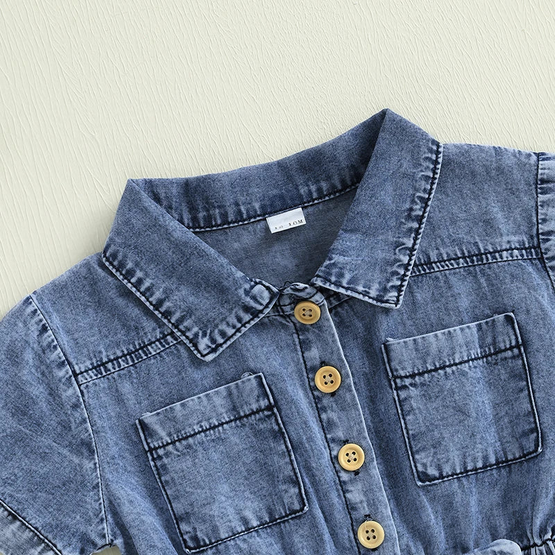 Girls Denim Overall Dress with Ruffle Sleeves and Adjustable Straps A-Line Skirt Button Front Closure Elastic Waistband