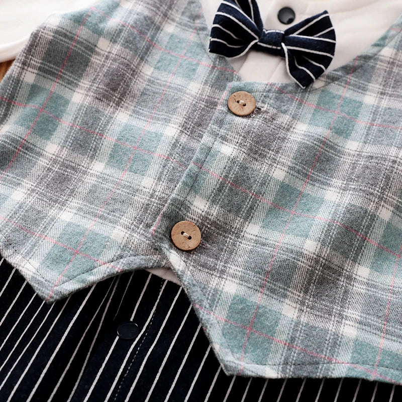 Newborn Clothes Handsome Gentleman Plaid Vest Formal Wear Comfortable And Soft Spring And Autumn Long Sleeved 0-18 Baby Jumpsuit