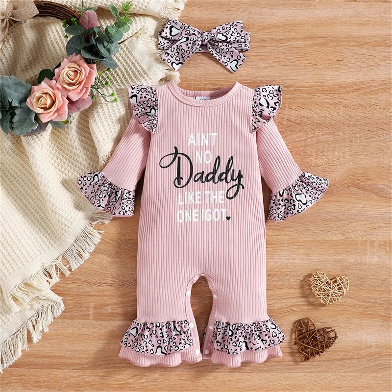 Newborn Baby Girl Romper Long Sleeve Jumpsuit Infant Letter Printed Outfits Ruffle Bodysuit Kids Spring Fall Baby Girls Clothes