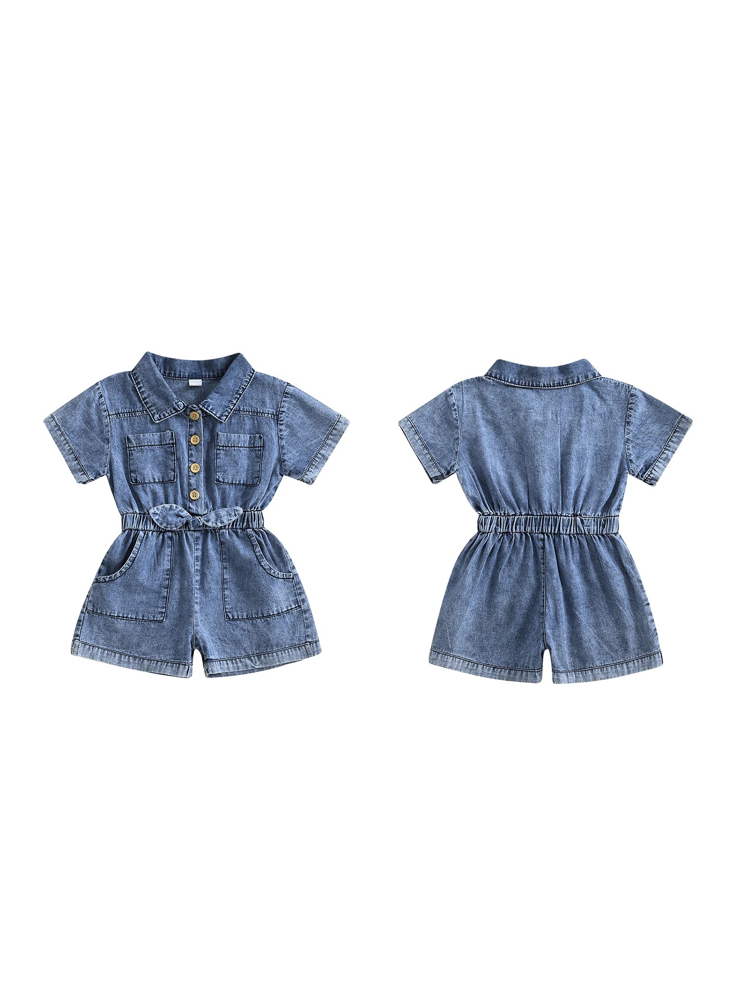 Girls Denim Overall Dress with Ruffle Sleeves and Adjustable Straps A-Line Skirt Button Front Closure Elastic Waistband